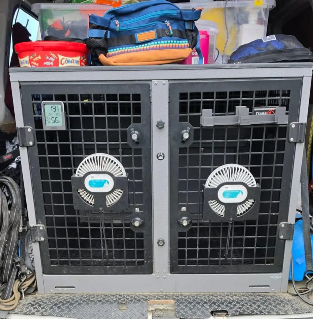 TransK9 crash-tested dog travel cages fitted inside the Muttley Crew van